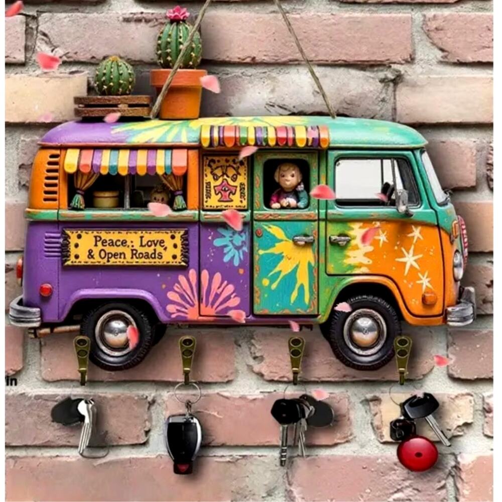 Boho Hippy Bus Peace Love & Open Roads Wooden Hanger